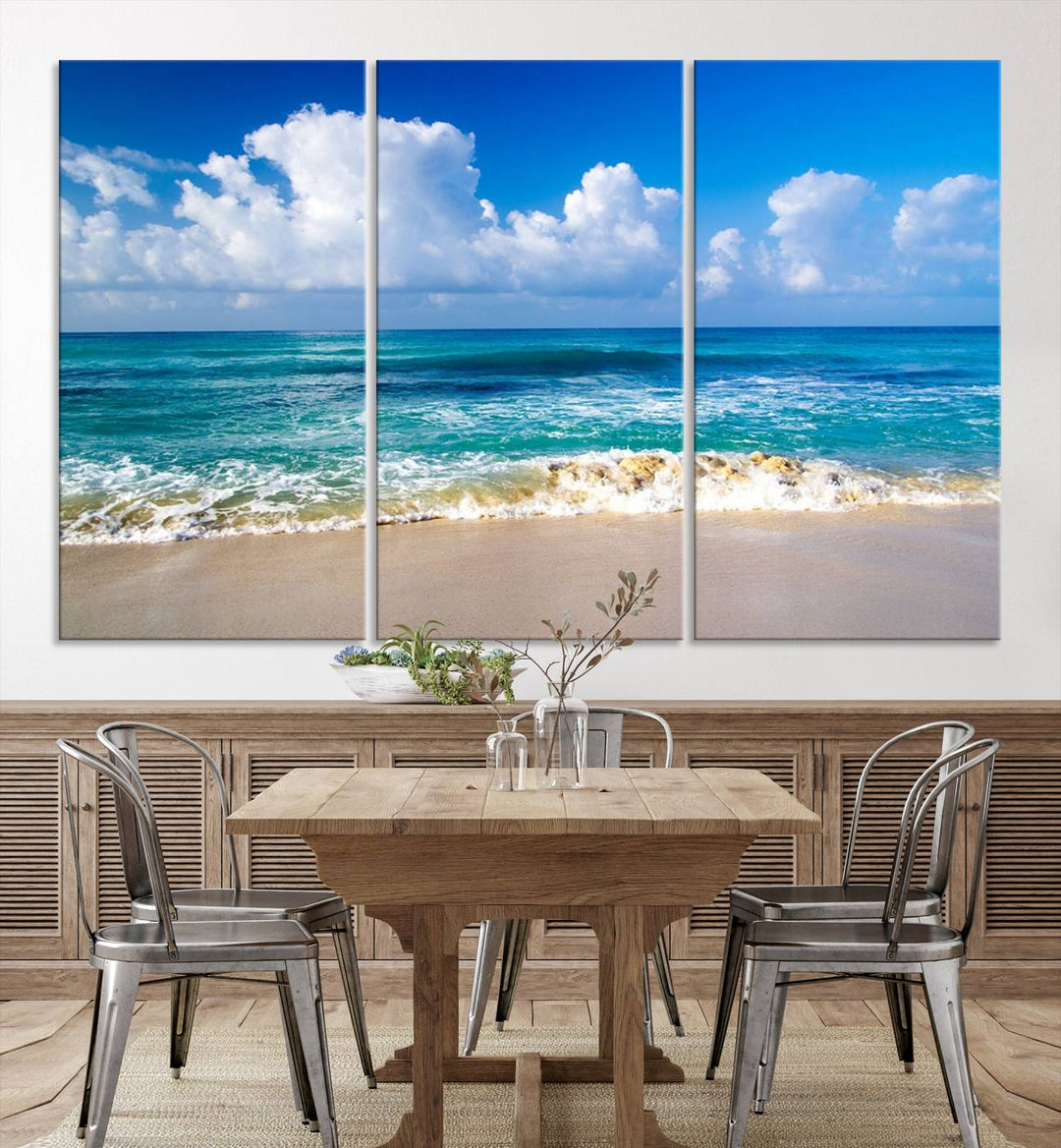 Tropical Beach 3-Panel Canvas Wall Art – Serene Ocean Waves and Blue Sky – Giclée Print for Living Room, Office, or Bedroom Coastal Decor