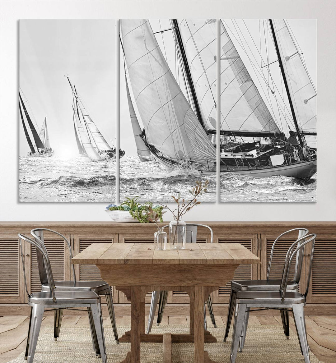 Yacht Sailboat Regatta canvas print on a textured wooden wall.