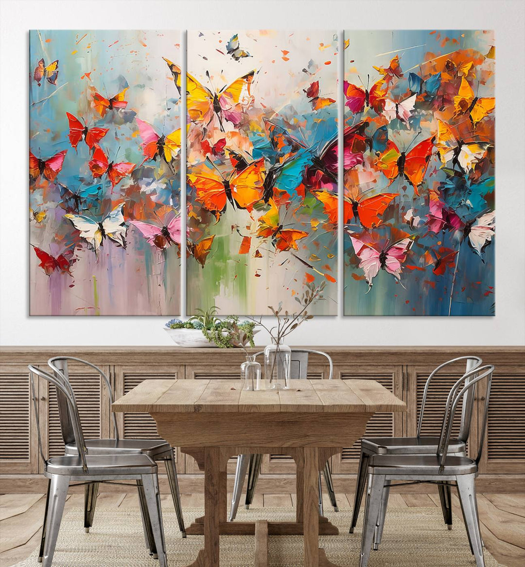 The Abstract Butterfly Wall Art Canvas Print hangs prominently, adding a touch of elegance and creativity to the room.