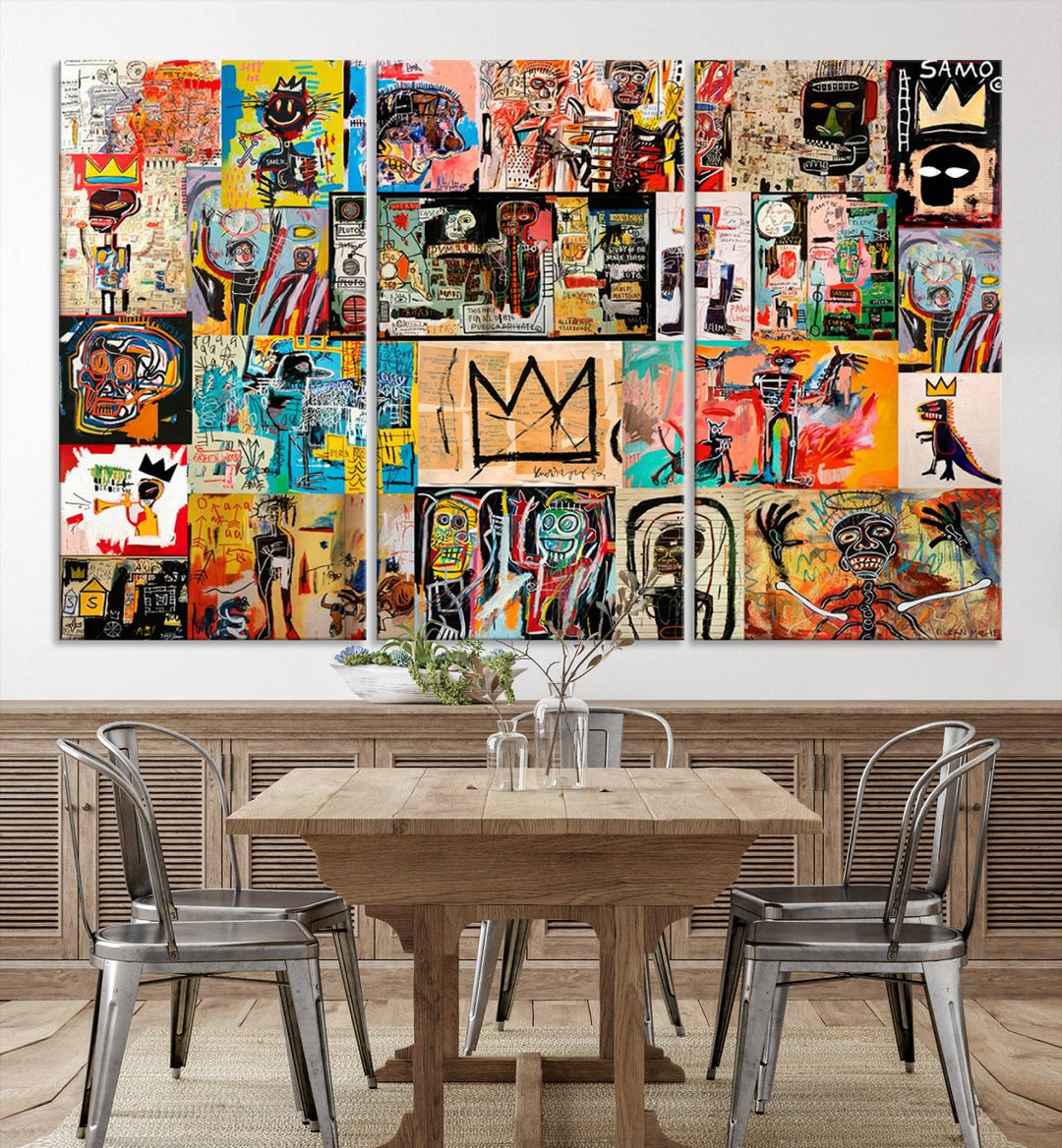 A Basquiat graffiti-style collage adorns the wall.