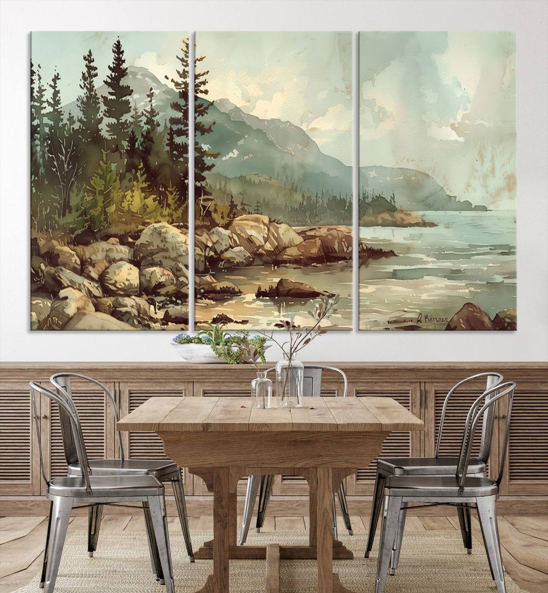 Framed Abstract Acadia National Park wall art, depicting a rocky coastline with trees and mountains, ready to hang.