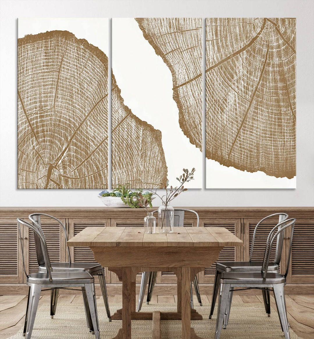 The rustic wall art features two large tree rings, beautifully framed and displayed to create a nature-inspired décor.