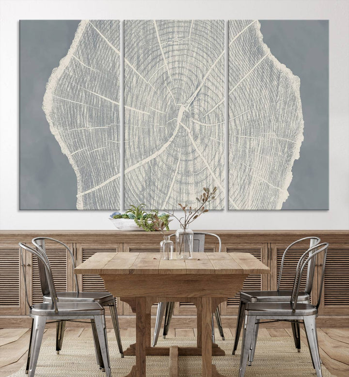 A gray wall displays the Abstract Tree Ring Wall Art print.