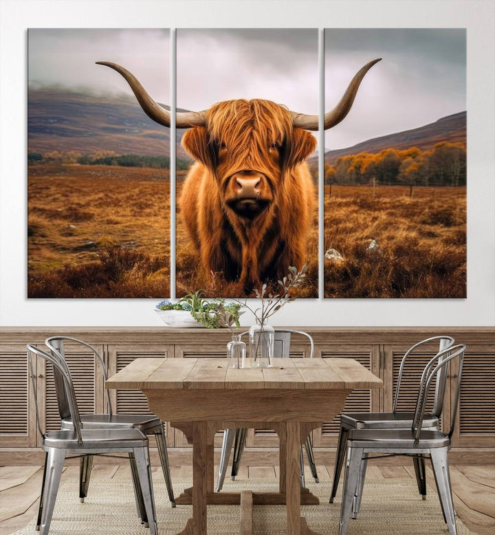 Highland Cow Longhorn Canvas Print, framed, on a wooden wall.