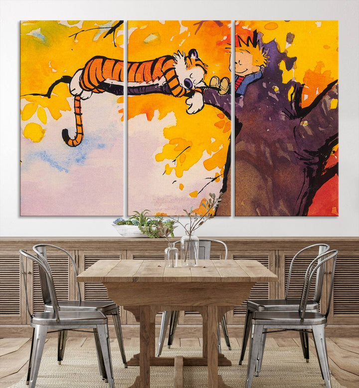 Premium canvas Calvin Wall Arts featuring a boy and tiger relaxing on a branch.