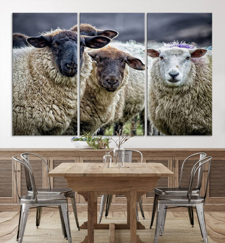 The Charming Sheep Portrait Wall Art hangs on a wooden wall.