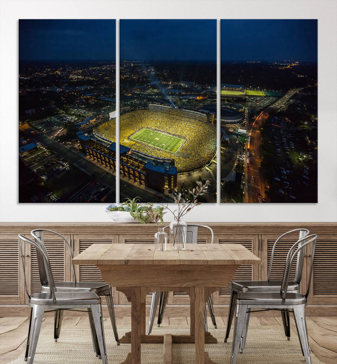 Aerial view of Michigan Stadium nightlife on canvas – Framed, ready-to-hang sports arena wall art.