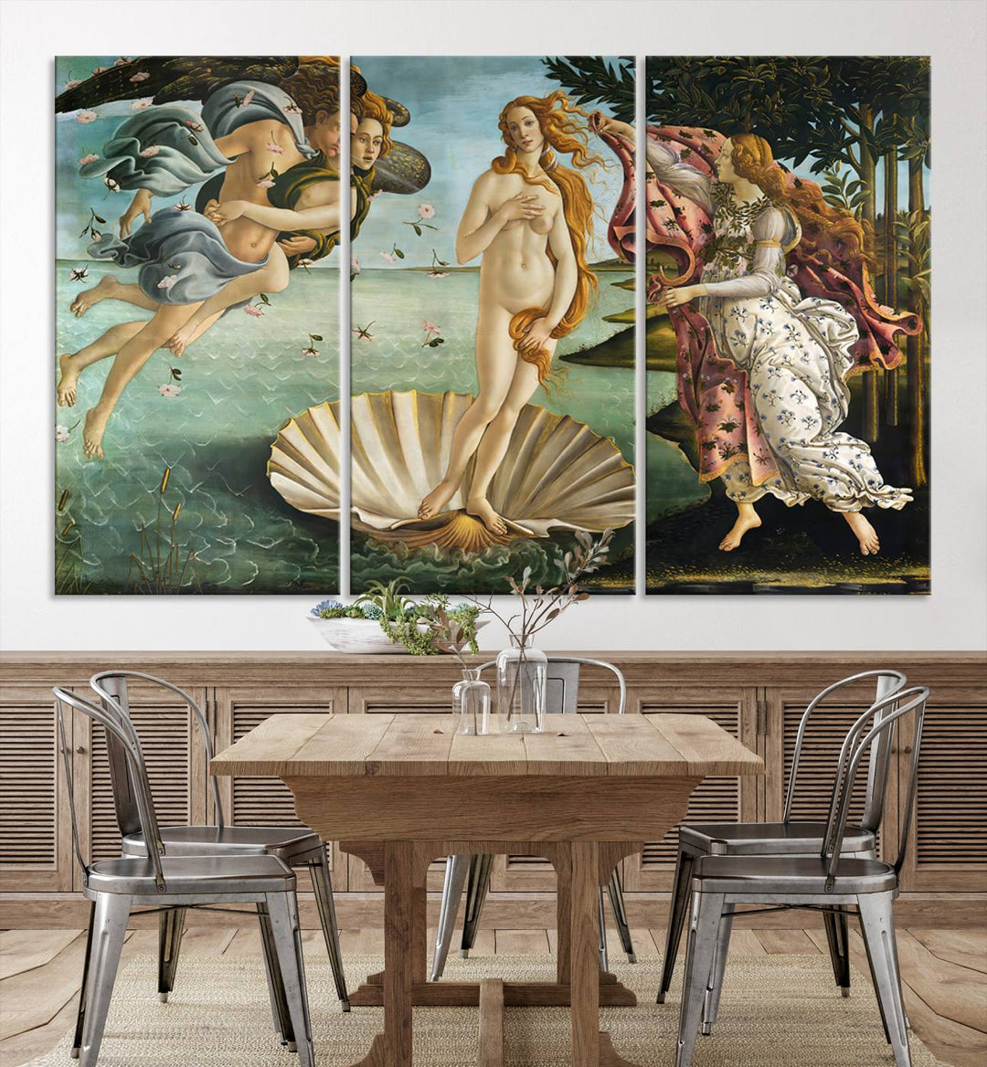 A canvas print of Botticellis The Birth of Venus is displayed on the wall.