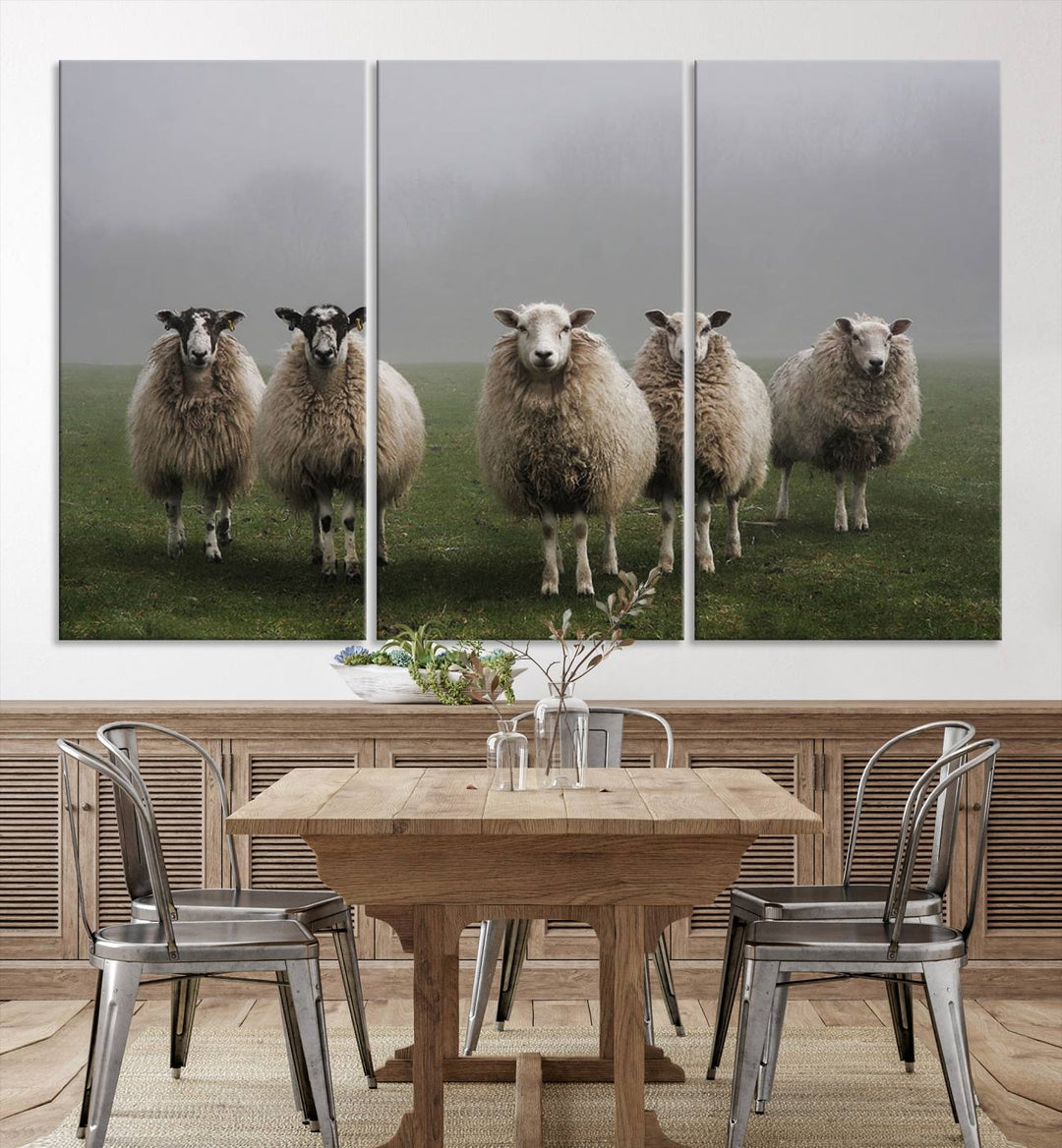 The Flock of Sheep in a Mystical Fog canvas print is framed and ready to hang.