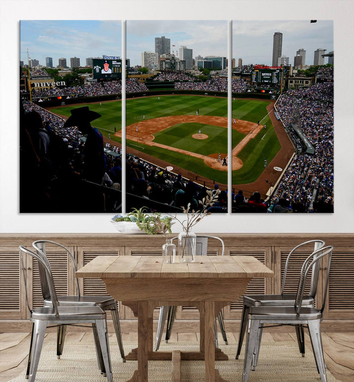 Admire this museum-quality canvas print of a Chicago Cubs game with a cityscape view from the stands at Wrigley Field.