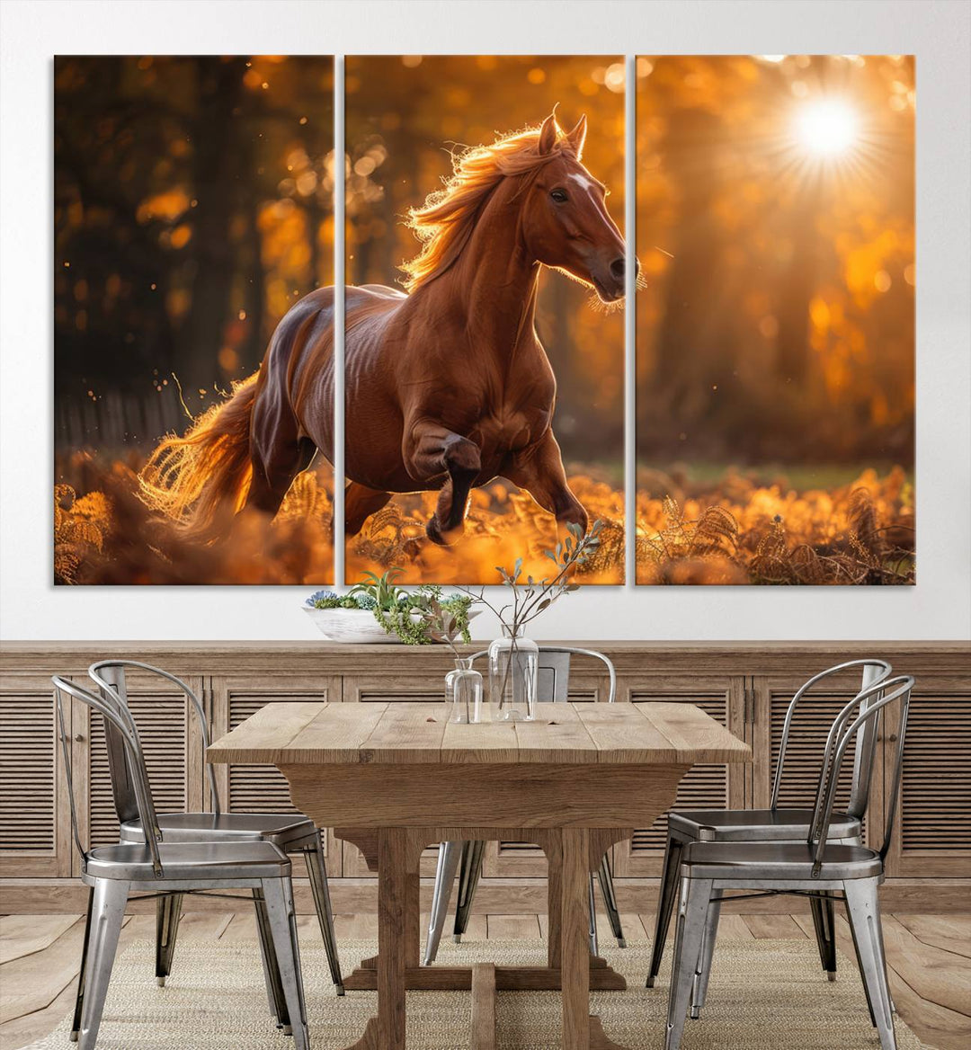 The Running Horse Sunset Forest Wall Art Canvas Print showcases a gallop in an autumn forest with sunlight streaming through the trees.