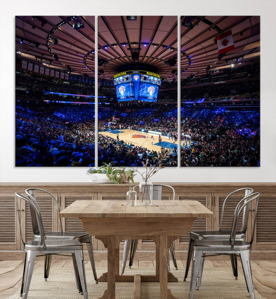 A print depicting an NBA game at Madison Square Garden, highlighting the scoreboard.