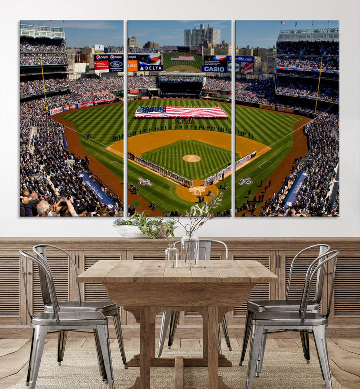 The Yankee Stadium New York wall art print features a vibrant scene of baseball fans with a large flag and players, expertly capturing the spirit of the game. This ready-to-hang décor is perfect for adding a dynamic touch to any space.