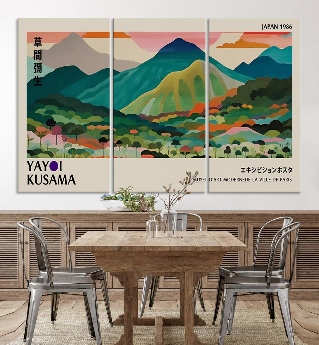 Vibrant Kusama landscape canvas featuring floral mountains and botanical decor, ideal for a modern home.