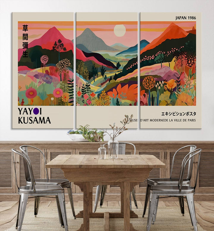 The Yayoi Kusama Landscape Print features vibrant floral mountains with abstract designs, ideal for modern decor.