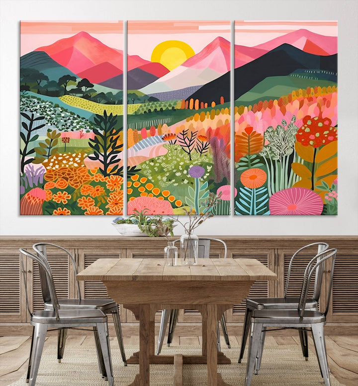 Vibrant abstract landscape canvas: Yayoi Kusama 1986 wall art print featuring mountains, sun, and flowers. Ready-to-hang.