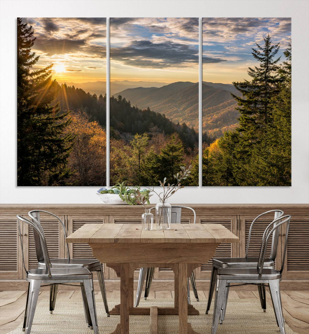 The dining area is beautifully decorated with the Sunrise Over the Smoky Mountains Canvas Wall Art – a breathtaking scenic landscape photography in a stunning triptych that's ready to hang.