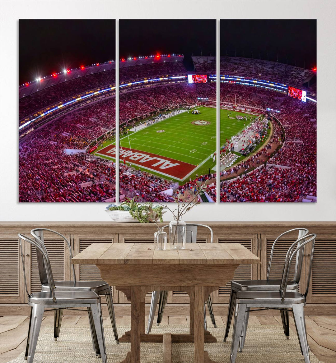 The living room features a Bryant-Denny Stadium Night Game Triple Canvas Wall Art.