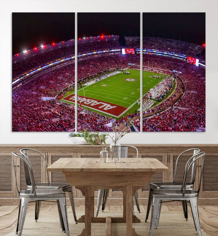 A stunning triptych canvas wall art of the Bryant-Denny Stadium Night Game perfectly captures the energy and excitement of an Alabama Crimson Tide football match at night.