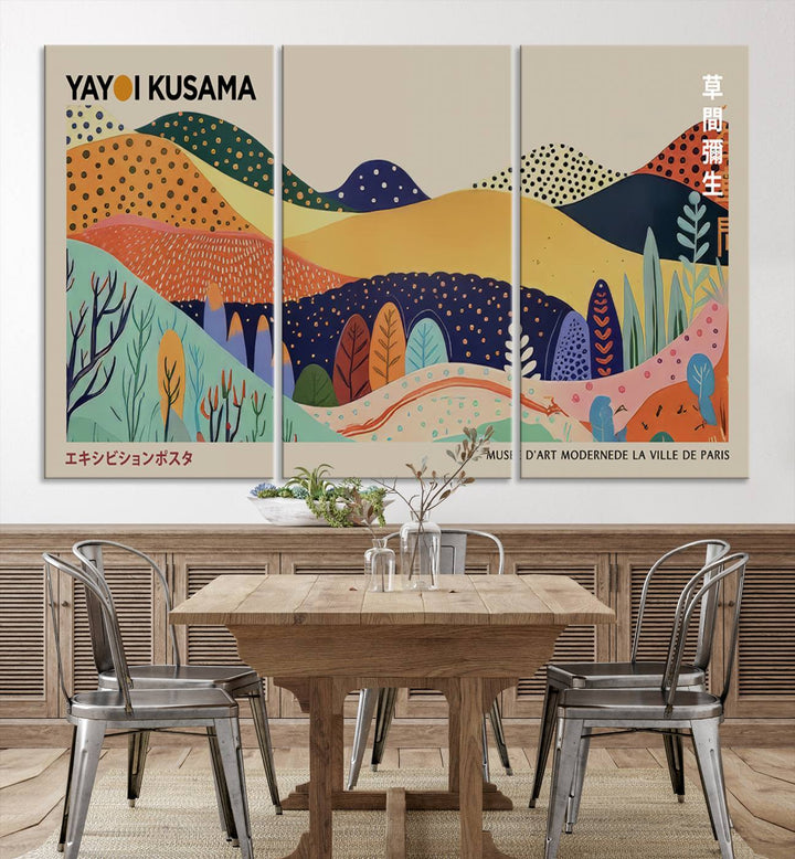 In a living room with contemporary décor, a vibrant abstract landscape by Yayoi Kusama from 1986 is prominently displayed.