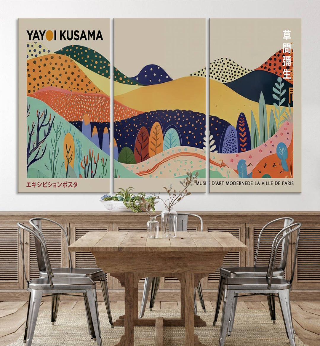 A vibrant Yayoi Kusama abstract print adorns the space.