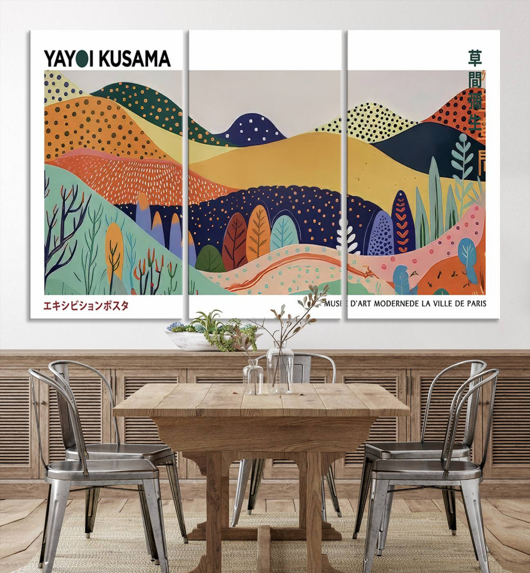 A triptych featuring the Framed Yayoi Kusama 1986 Wall Art Print hangs above. This Japanese Wabi Sabi inspired piece, rich in vibrant abstract landscapes, adds an elegant touch to any nature-inspired décor.