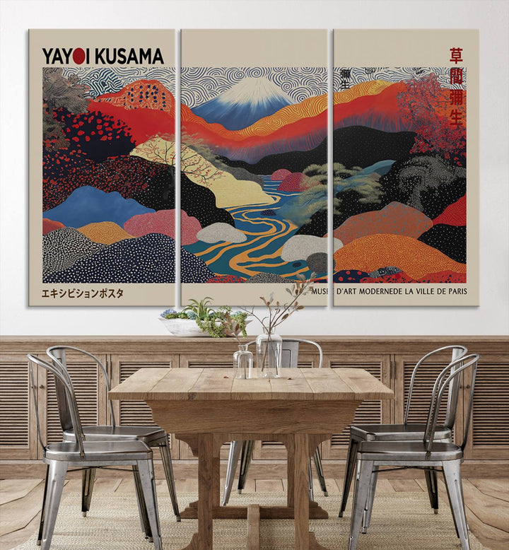 The room showcases Kusamas 1986 vibrant abstract landscape wall art print.