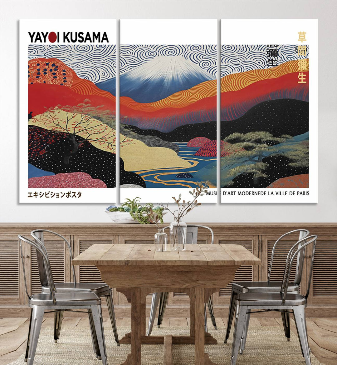 A vibrant abstract landscape canvas framed Yayoi Kusama wall art print features swirling patterns.