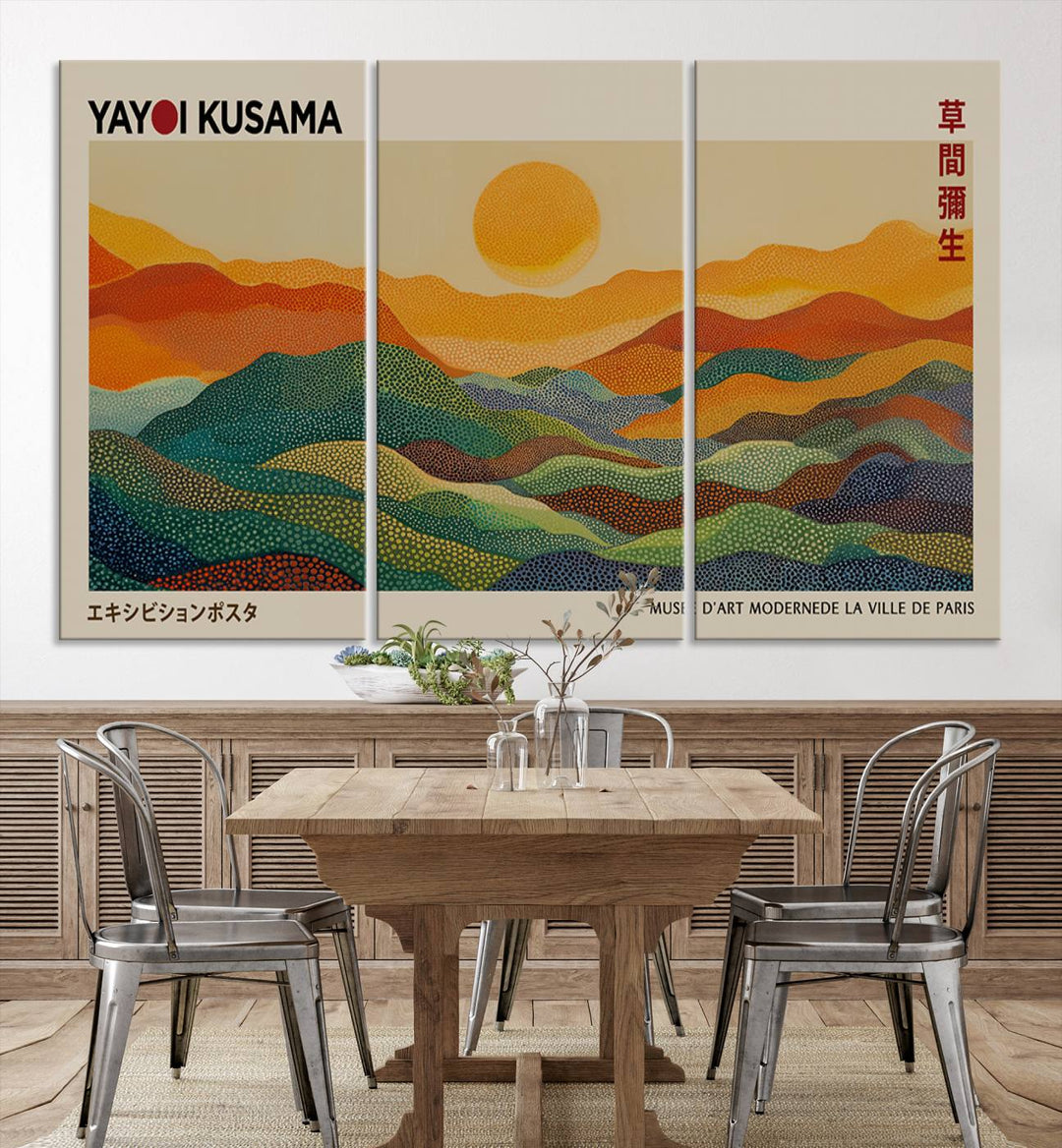 The vibrant abstract landscape depicted in the three-panel "Framed Yayoi Kusama 1986 Wall Art Print" seamlessly integrates nature-inspired décor.