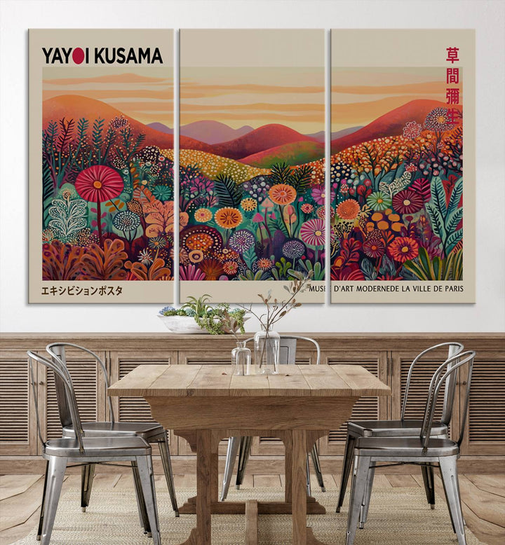 A framed Yayoi Kusama abstract landscape art print adorns the wall.