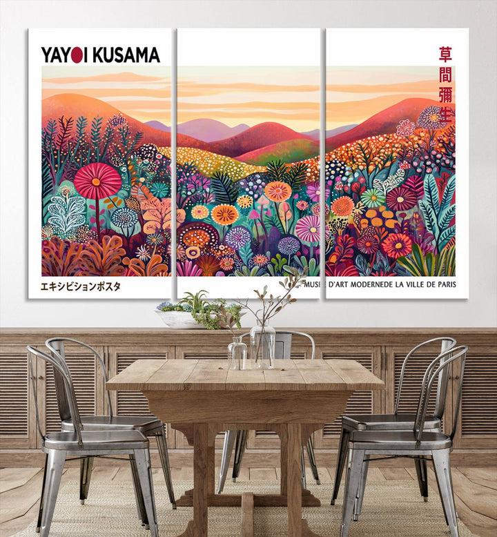 A Framed Yayoi Kusama 1986 Wall Art Print, showcasing a vibrant abstract landscape with flowers and reflecting the Wabi Sabi style, is displayed.