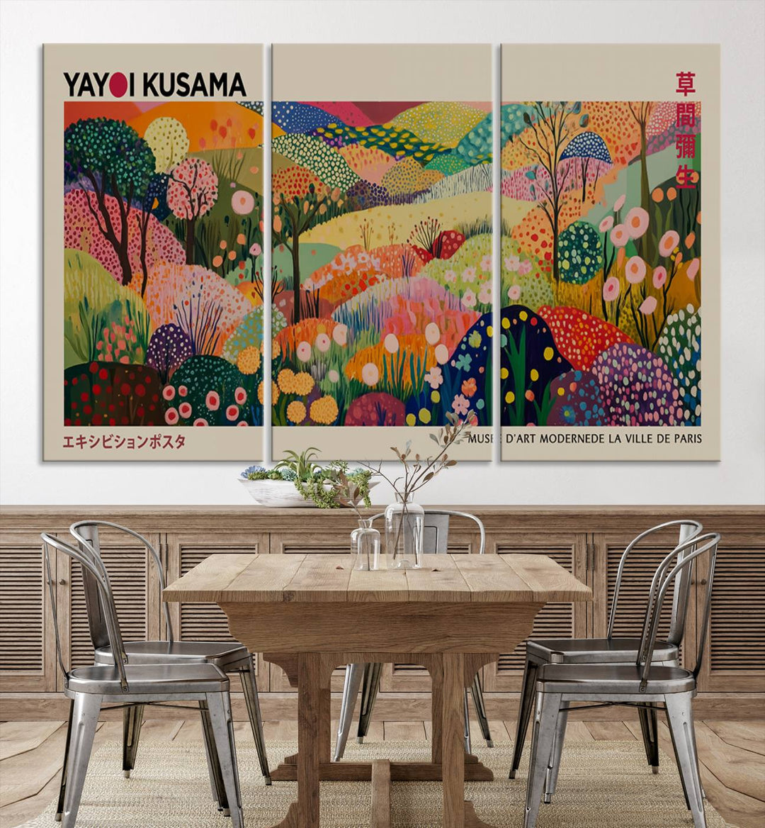 The Framed Yayoi Kusama 1986 Wall Art Print, a vibrant abstract landscape canvas inspired by Japanese design, adds a striking element to the bright room.