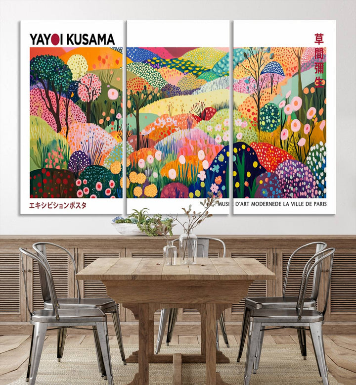 Three vibrant, abstract Yayoi Kusama wall art prints adorn a black wall, creating a perfect blend of contemporary décor.