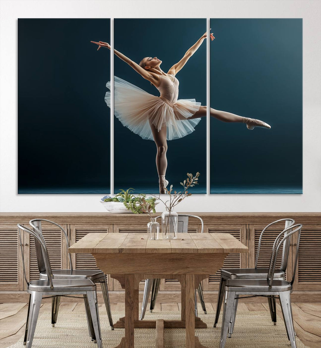 This stunning Ballerina Canvas Wall Art Print captures the elegance of a ballet dancer in motion, beautifully highlighted against a stage-like backdrop with delicate decor and natural elements. As graceful dance-inspired wall decor, it adds an element of grace and movement to any living room, office, or bedroom and is ready to hang.