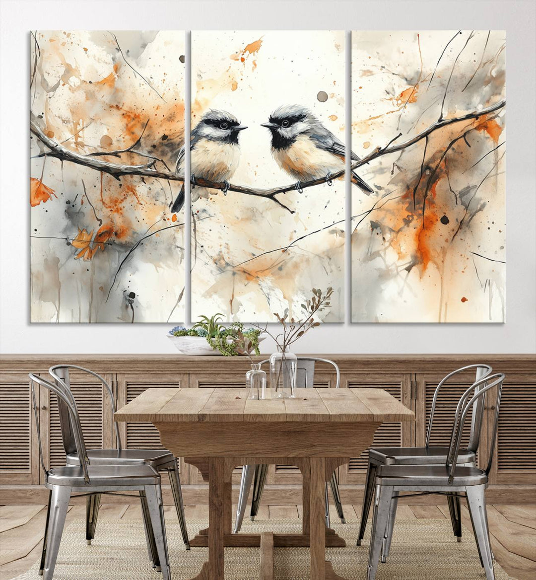 Abstract Watercolor Chickadee Bird Canvas Wall Art Print - Large Bird and Branch Wall Art, Modern Wildlife Wall Decor