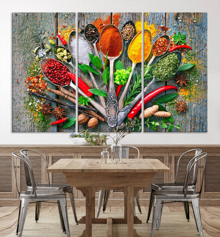 Vibrant Spoonful of Spices kitchen wall art canvas, a culinary triptych ideal for any dining room decor.