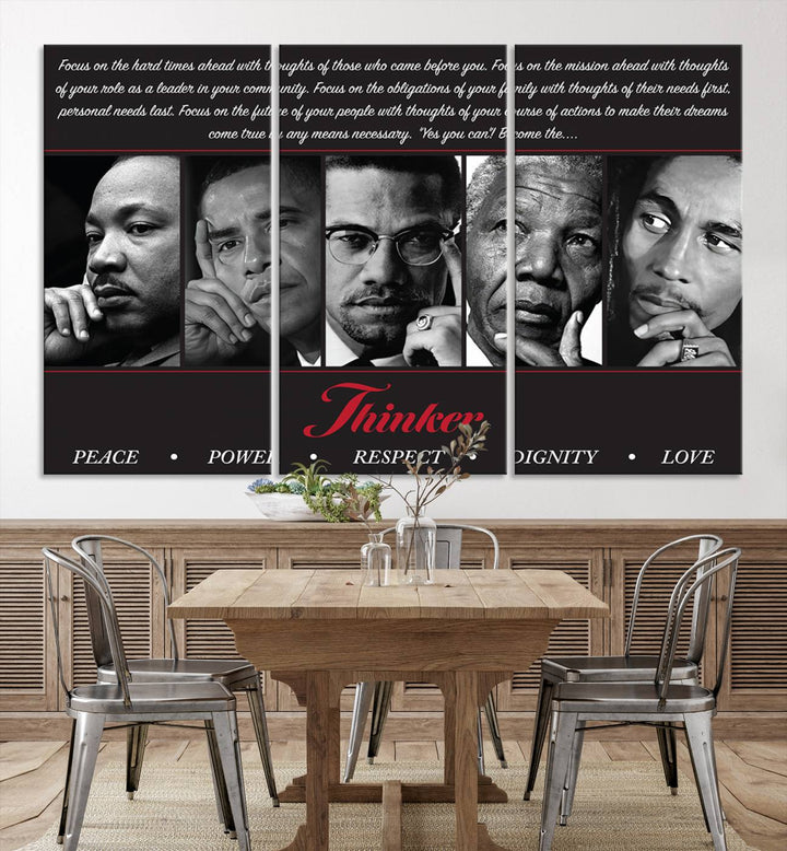 The wall art is a black and white piece featuring iconic figures accompanied by the words Thinker Peace Power Respect Dignity.