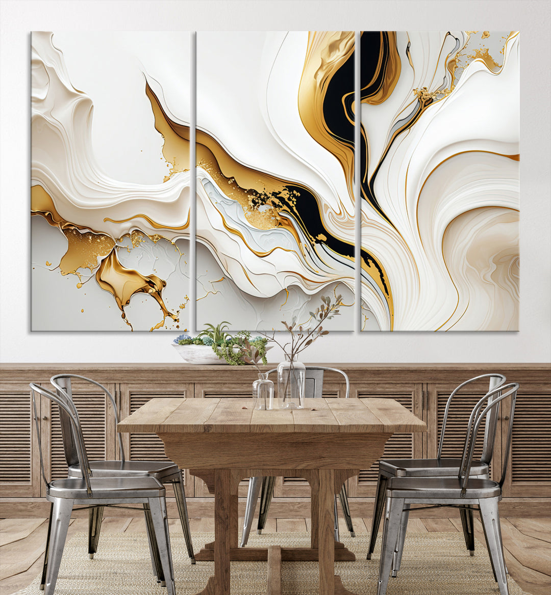 Modern interiors showcase Gold Waves on Pure White Canvas.