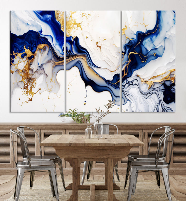 Golden Cascades on Midnight Blue wall art swirls above, featuring gold and white accents.