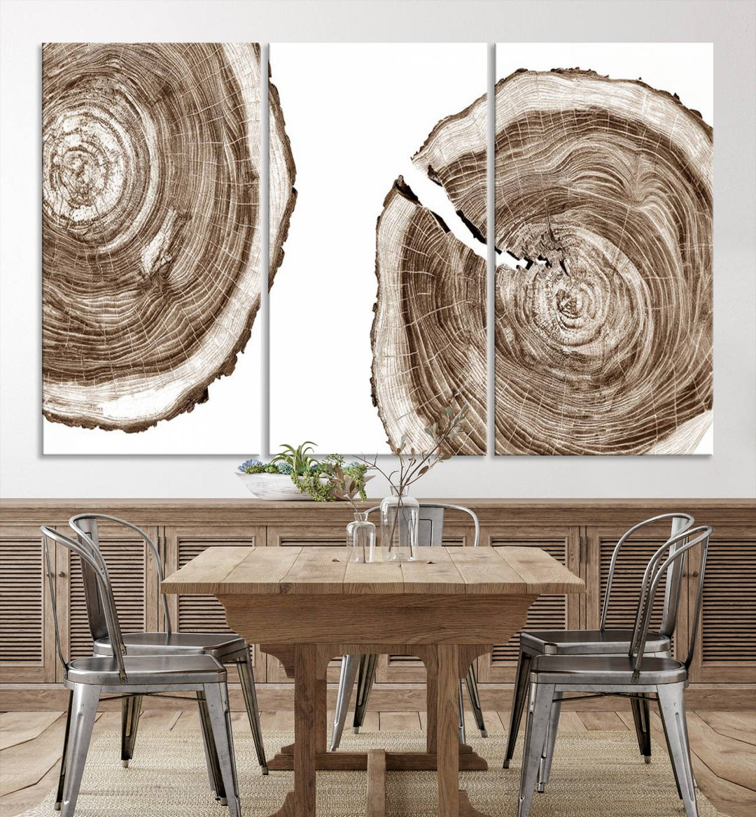 Wood Tree Ring Wall Art on a minimalist black and white canvas.