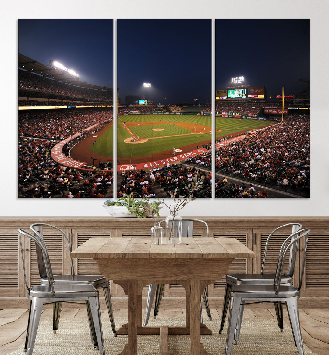 Aerial view of an LA Angels game at night, captured as stunning wall art on premium canvas, handmade in the USA.