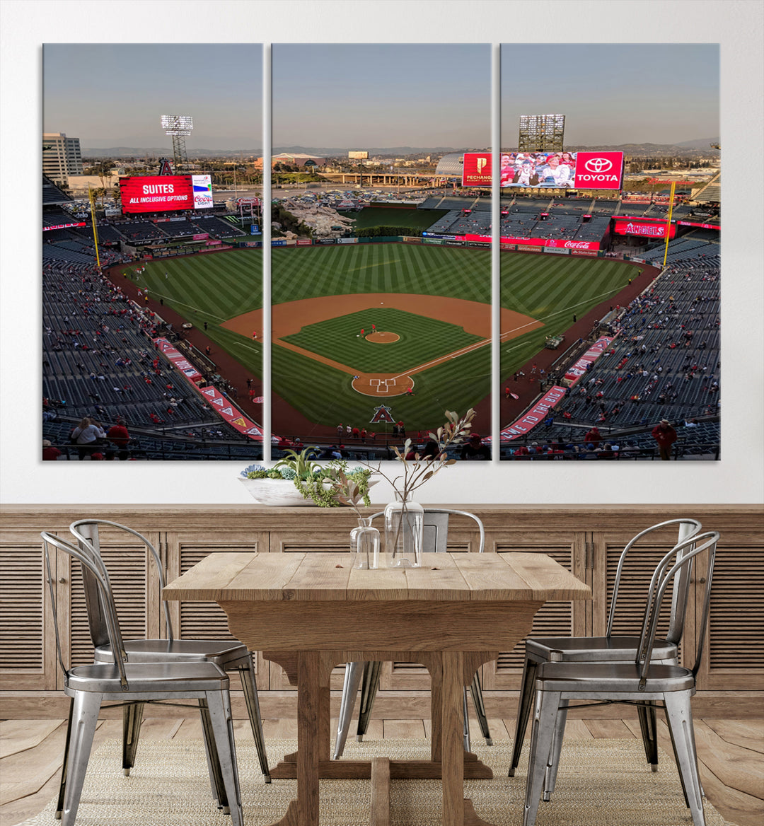 Aerial view of Angel Stadium, perfect as gallery-quality wall art - Los Angeles Angels Canvas Print.