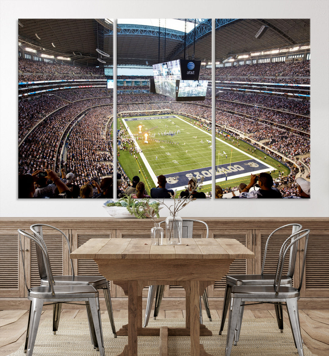 The wall art is a Dallas Cowboys AT&T Stadium Canvas Print, showcasing the iconic logo.