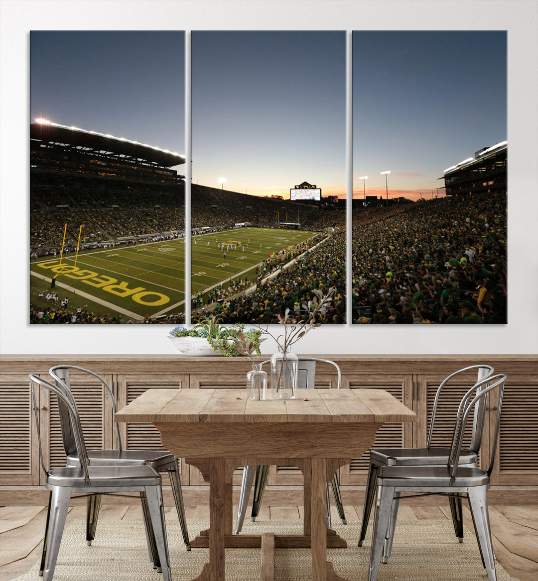 Canvas artwork depicting an Oregon Ducks football game at Autzen Stadium, capturing a sunset and packed stands.