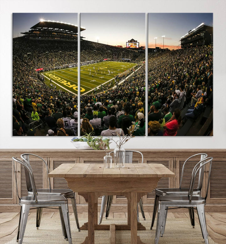 Autzen Stadium Evening Game Triple Canvas Wall Art - Oregon Ducks Football Match