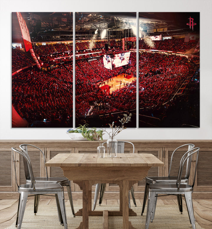 A crowded basketball arena with red lighting hosts a Houston Rockets game.