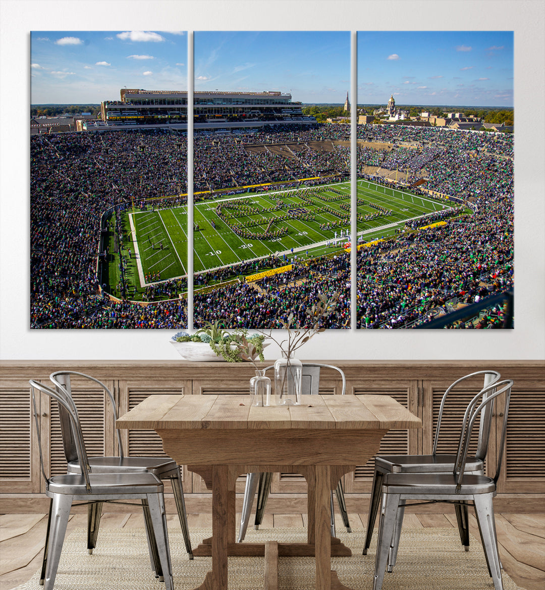 Aerial shot of packed stadium on green; Notre Dame Fighting Irish Stadium Wall Art Canvas Print.