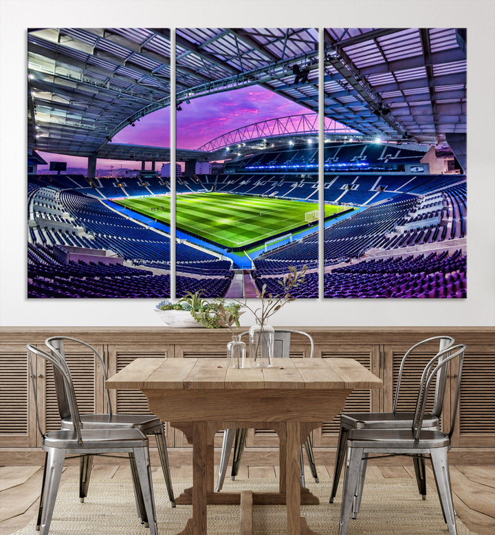 The FC Porto Soccer Team Dragon Stadium Wall Art Canvas Print decorates the room.