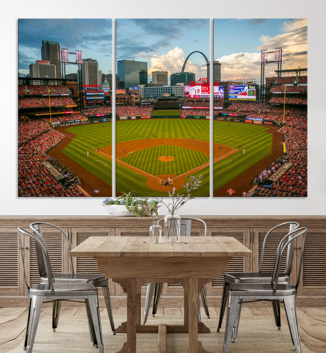 Canvas art of the St. Louis Cardinals Busch Stadium, capturing the citys skyline.