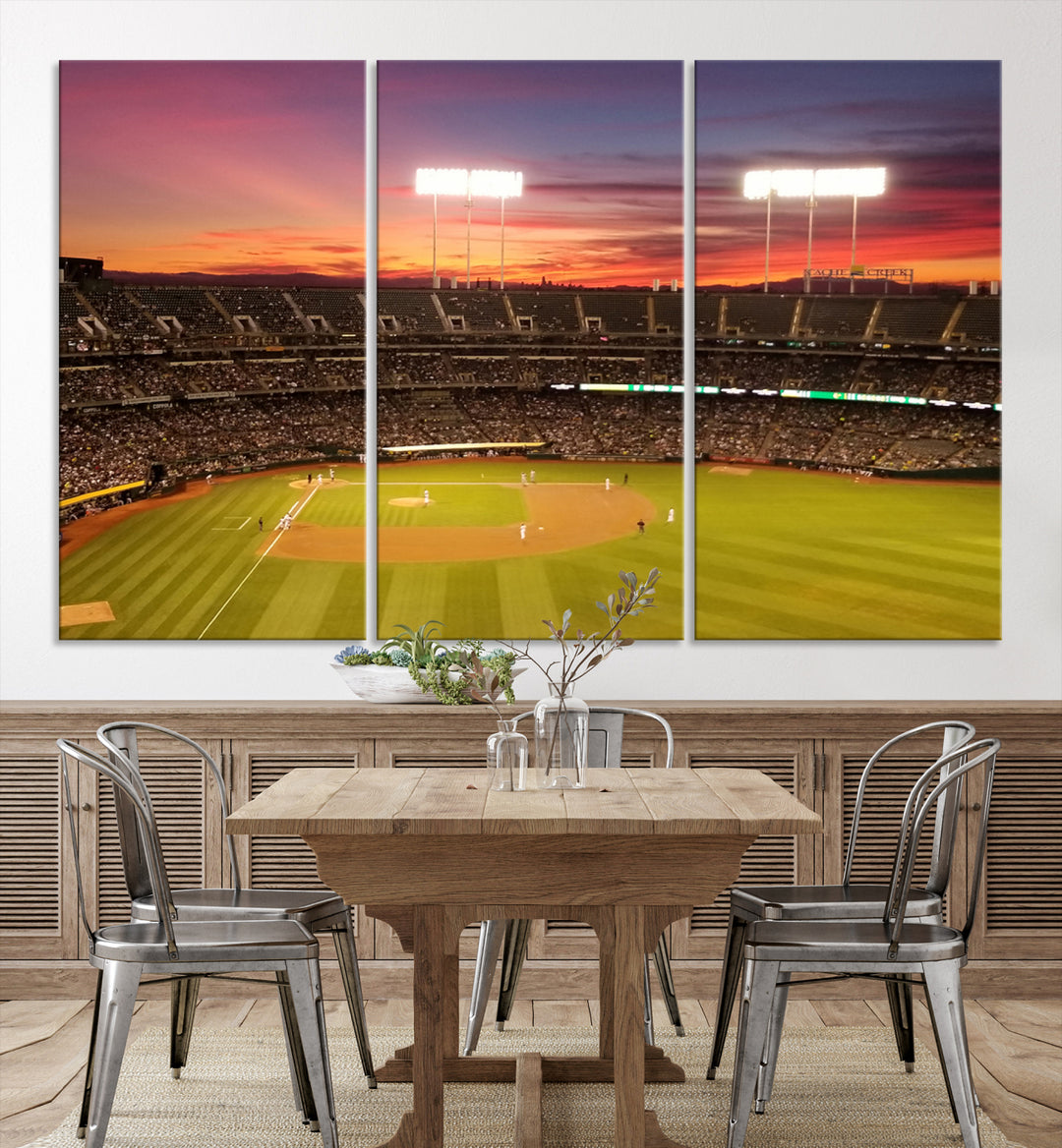 The Oakland Coliseum print is a museum-quality canvas depicting a full crowd and a sunset.